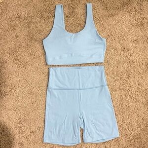 All In Motion Light Blue Sculpting Sports Bra & High-Waist Bike Shorts Set